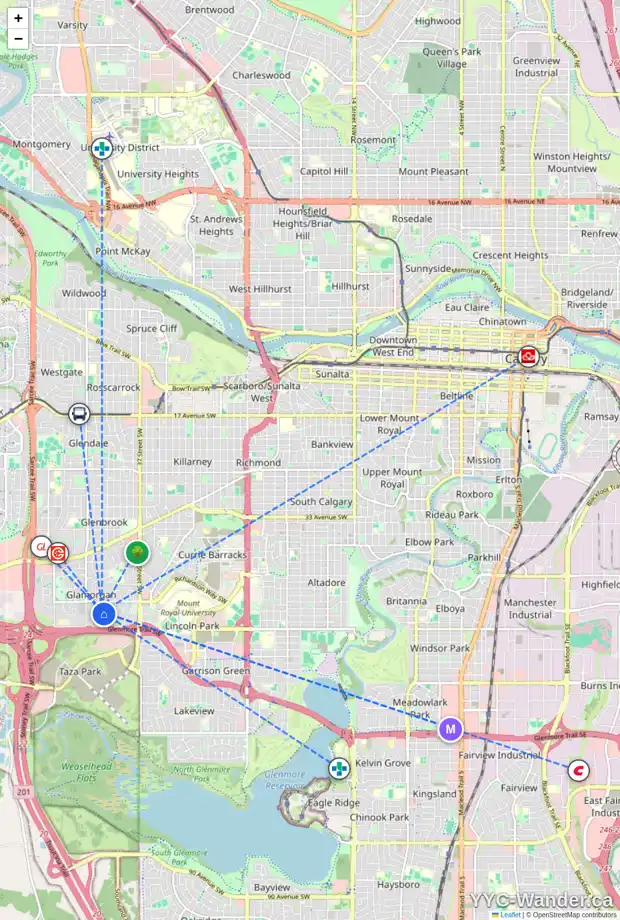 Daily accessibility map for 4907 43 ST SW, Calgary showing nearby schools, grocery stores, parks, LRT stations and nearby amenities