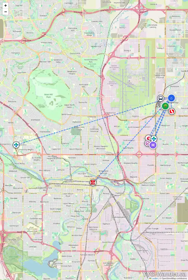 Daily accessibility map for 216 CASTLEDALE WY NE, Calgary showing nearby schools, grocery stores, parks, LRT stations and nearby amenities