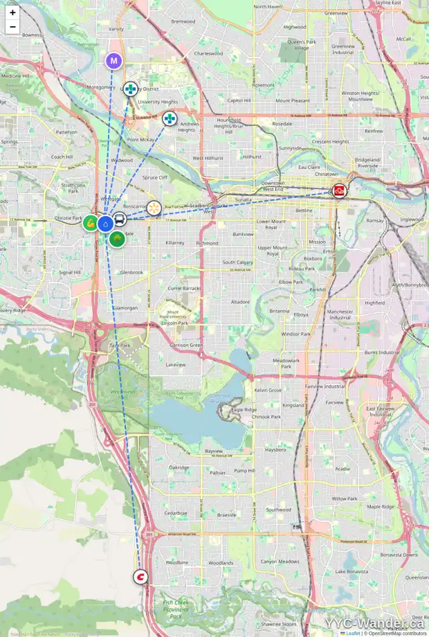 Daily accessibility map for 26 GLENSIDE DR SW, Calgary showing nearby schools, grocery stores, parks, LRT stations and nearby amenities