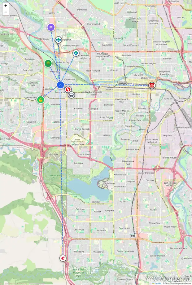 Daily accessibility map for 4212 7 AV SW, Calgary showing nearby schools, grocery stores, parks, LRT stations and nearby amenities