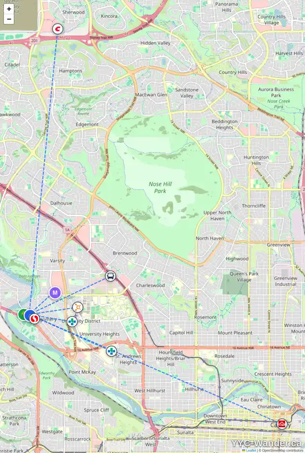 Daily accessibility map for 5136 BOWNESS RD NW, Calgary showing nearby schools, grocery stores, parks, LRT stations and nearby amenities