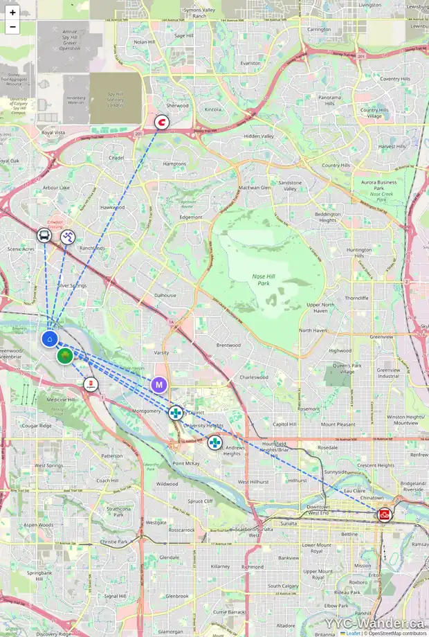 Daily accessibility map for 8312 47 AV NW, Calgary showing nearby schools, grocery stores, parks, LRT stations and nearby amenities