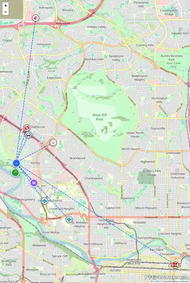 Daily accessibility map for 375 VARSITY CL NW, Calgary showing nearby schools, grocery stores, parks, LRT stations and nearby amenities