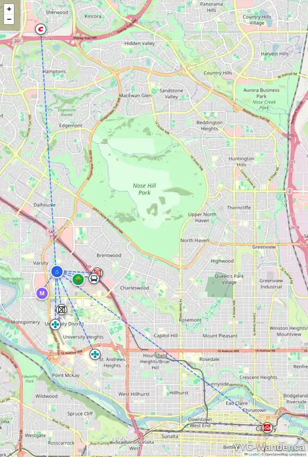 Daily accessibility map for 4255 VAUXHALL CR NW, Calgary showing nearby schools, grocery stores, parks, LRT stations and nearby amenities