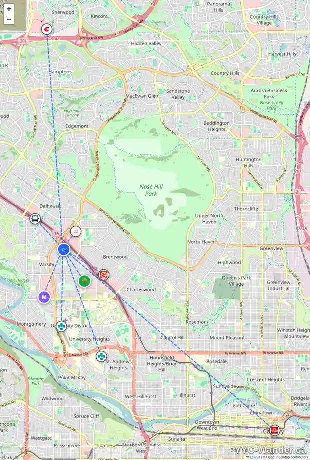 Daily accessibility map for 4867 VERONA DR NW, Calgary showing nearby schools, grocery stores, parks, LRT stations and nearby amenities