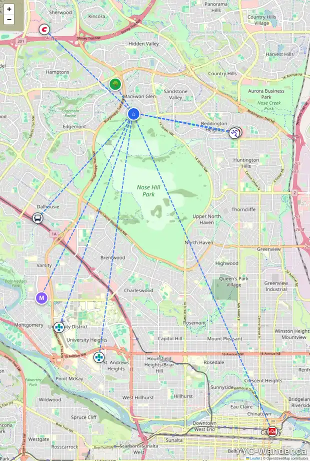 Daily accessibility map for 152 MACEWAN PARK GR NW, Calgary showing nearby schools, grocery stores, parks, LRT stations and nearby amenities