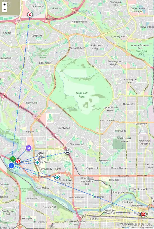 Daily accessibility map for 5011 13 AV NW, Calgary showing nearby schools, grocery stores, parks, LRT stations and nearby amenities
