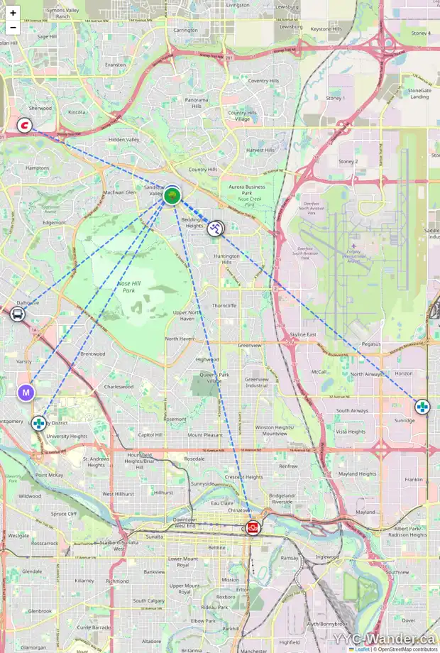 Daily accessibility map for 97 SANDPIPER LN NW, Calgary showing nearby schools, grocery stores, parks, LRT stations and nearby amenities