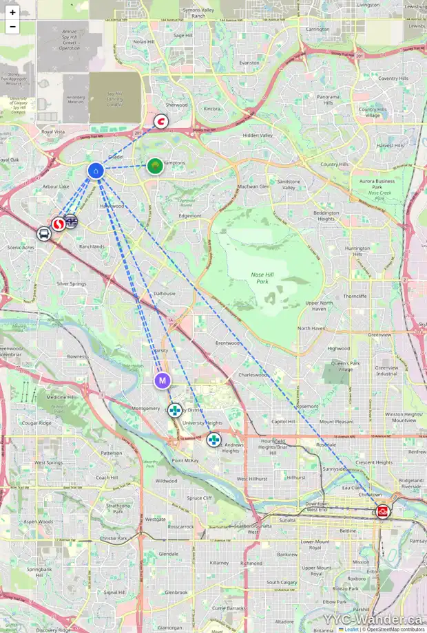 Daily accessibility map for 179 ARBOUR RIDGE PA NW, Calgary showing nearby schools, grocery stores, parks, LRT stations and nearby amenities