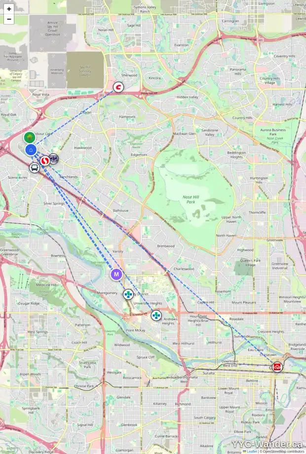 Daily accessibility map for 105 ARBOUR WOOD ME NW, Calgary showing nearby schools, grocery stores, parks, LRT stations and nearby amenities