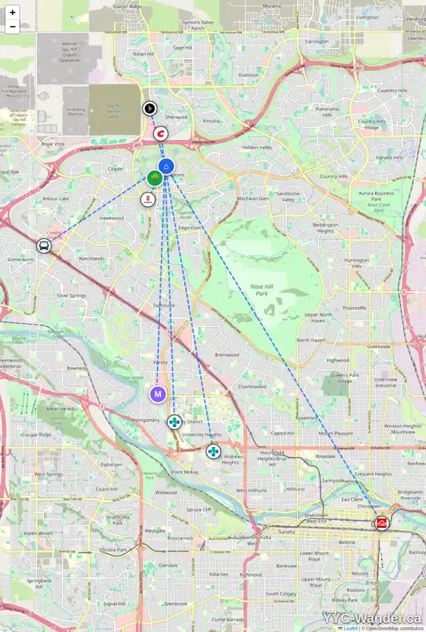Daily accessibility map for 101 HAMPTONS CI NW, Calgary showing nearby schools, grocery stores, parks, LRT stations and nearby amenities