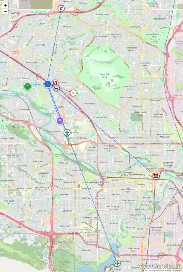 Daily accessibility map for 107 VARSITY ESTATES TC NW, Calgary showing nearby schools, grocery stores, parks, LRT stations and nearby amenities