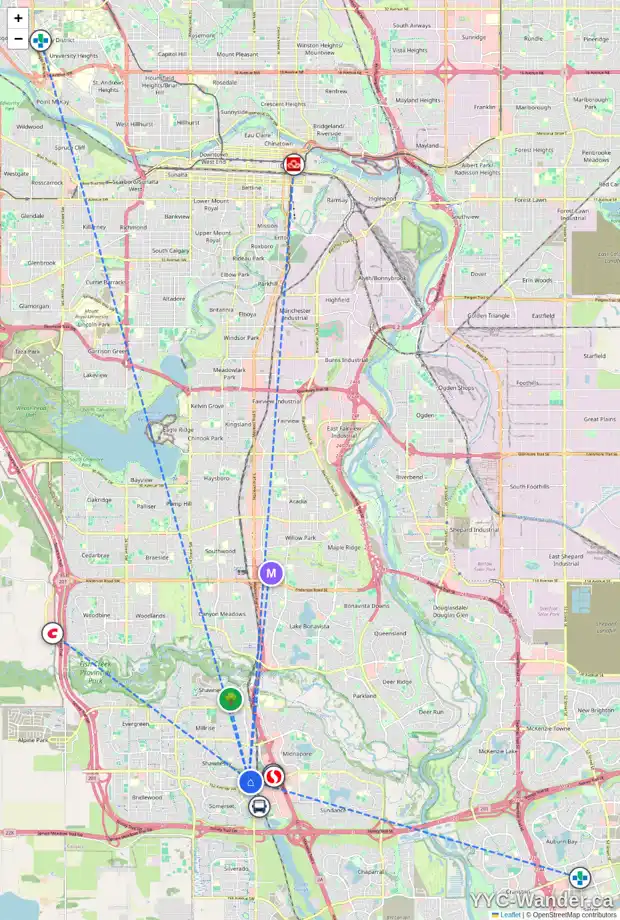 Daily accessibility map for 56 SHAWGLEN RD SW, Calgary showing nearby schools, grocery stores, parks, LRT stations and nearby amenities