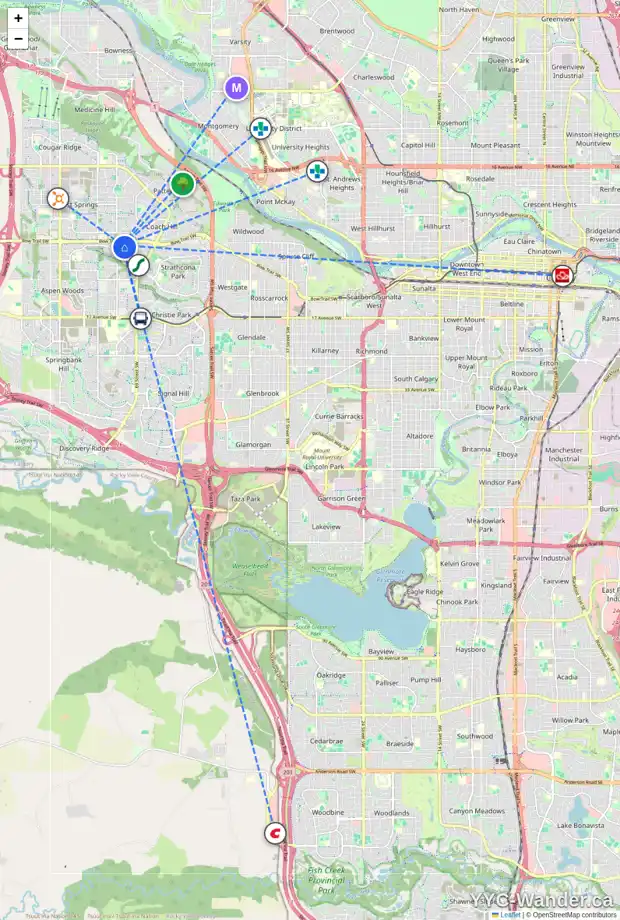 Daily accessibility map for 243 STRATHRIDGE PL SW, Calgary showing nearby schools, grocery stores, parks, LRT stations and nearby amenities