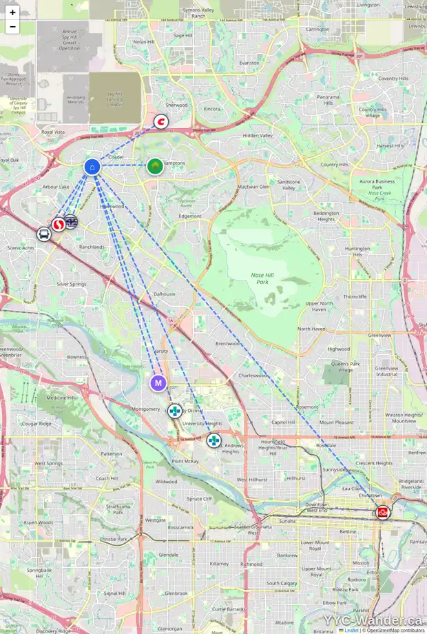 Daily accessibility map for 46 ARBOUR RIDGE CL NW, Calgary showing nearby schools, grocery stores, parks, LRT stations and nearby amenities