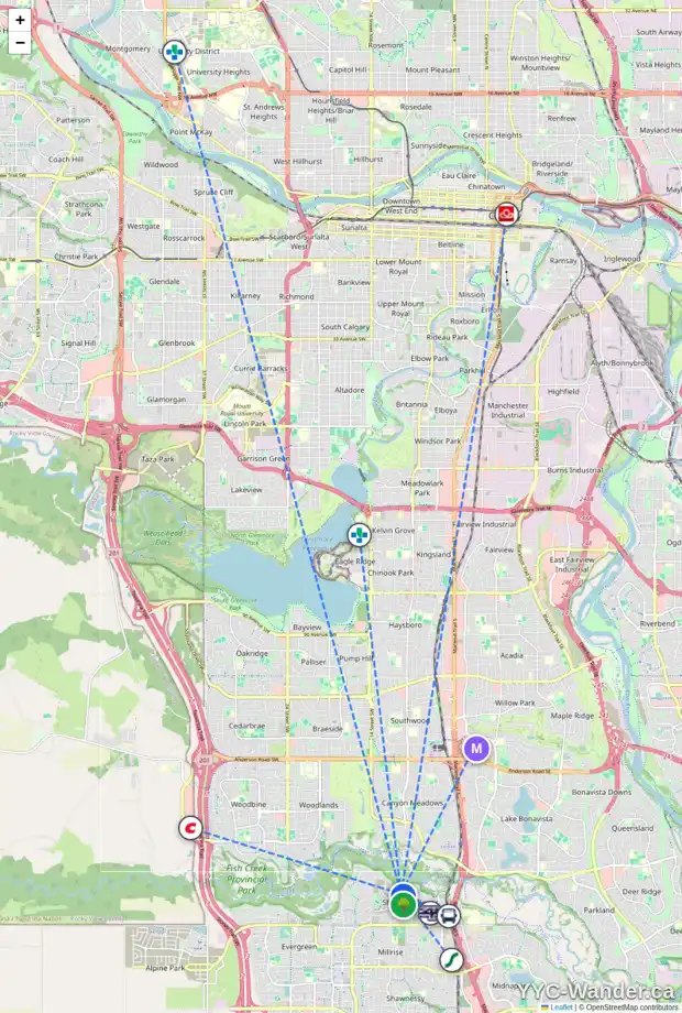 Daily accessibility map for 892 SHAWNEE DR SW, Calgary showing nearby schools, grocery stores, parks, LRT stations and nearby amenities