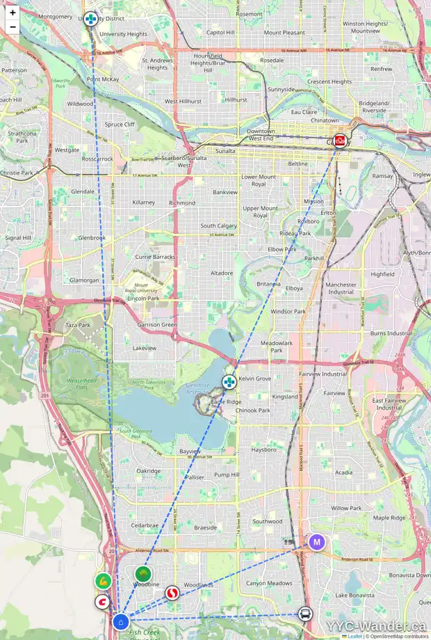 Daily accessibility map for 60 WOODPATH TC SW, Calgary showing nearby schools, grocery stores, parks, LRT stations and nearby amenities