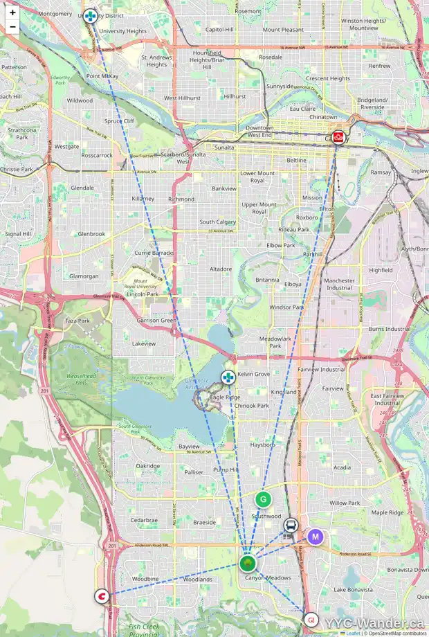 Daily accessibility map for 423 CANTERBURY PL SW, Calgary showing nearby schools, grocery stores, parks, LRT stations and nearby amenities
