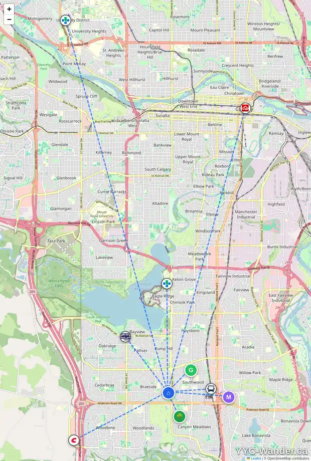 Daily accessibility map for 336 BRANIFF PL SW, Calgary showing nearby schools, grocery stores, parks, LRT stations and nearby amenities