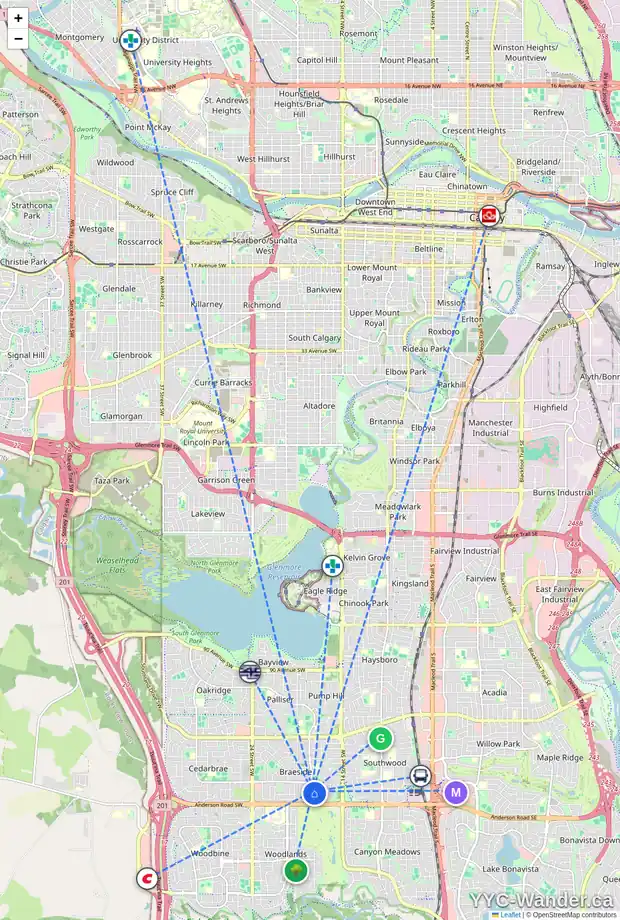 Daily accessibility map for 11235 BRANIFF RD SW, Calgary showing nearby schools, grocery stores, parks, LRT stations and nearby amenities