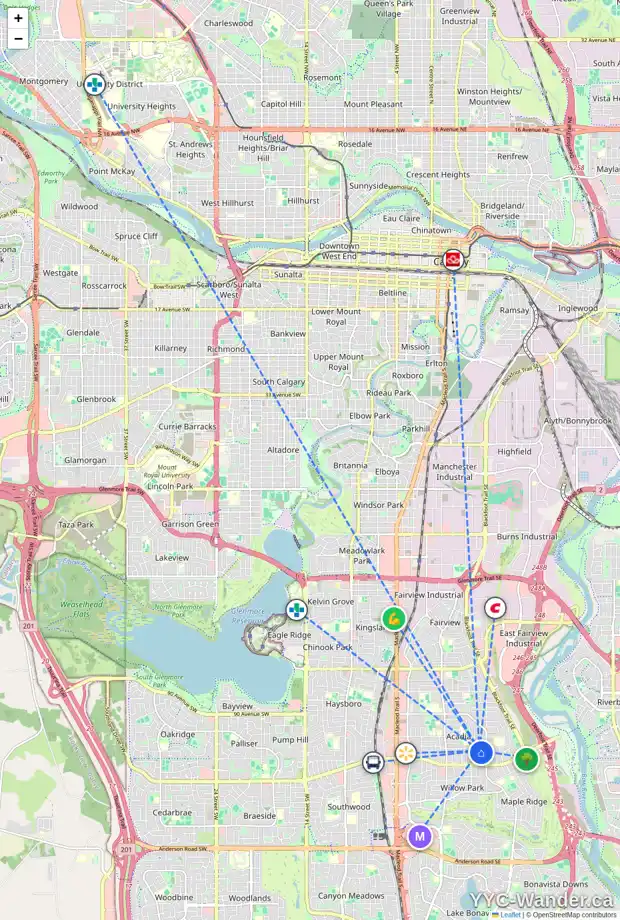 Daily accessibility map for 636 97 AV SE, Calgary showing nearby schools, grocery stores, parks, LRT stations and nearby amenities
