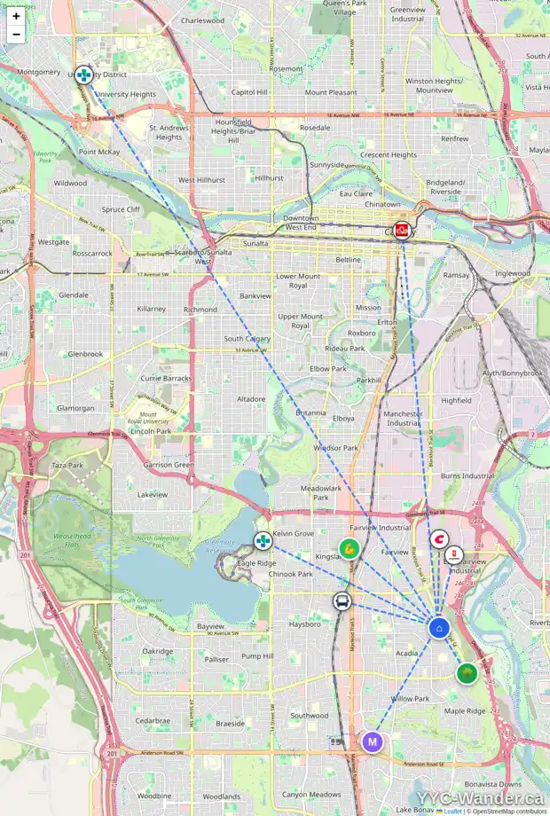 Daily accessibility map for 804 AVONLEA PL SE, Calgary showing nearby schools, grocery stores, parks, LRT stations and nearby amenities