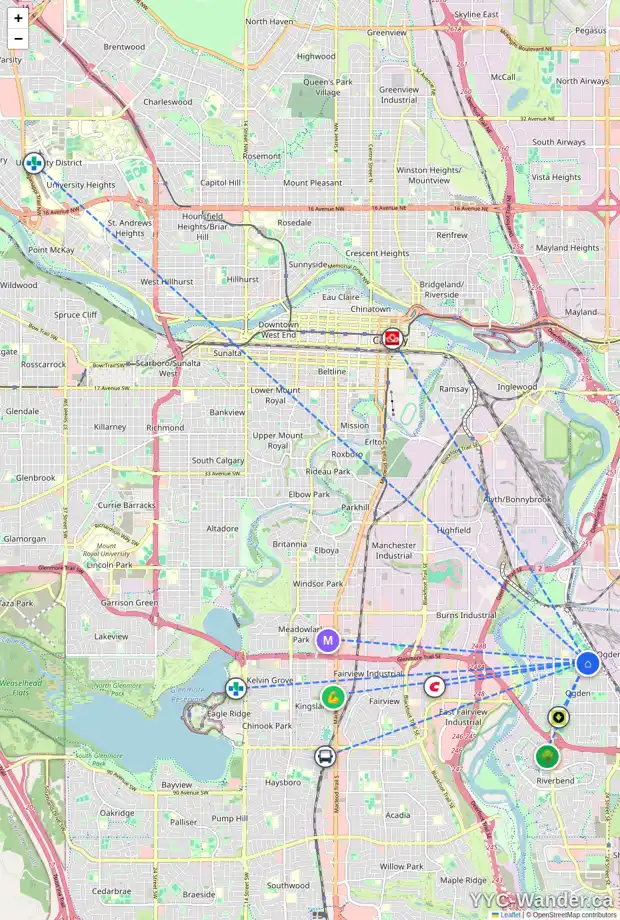 Daily accessibility map for 2215 CRESTWOOD RD SE, Calgary showing nearby schools, grocery stores, parks, LRT stations and nearby amenities