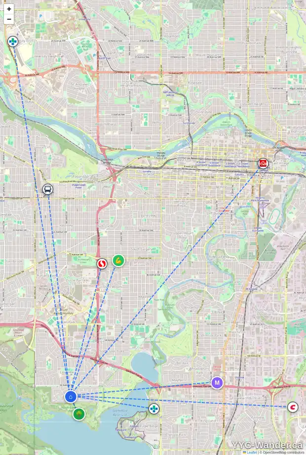 Daily accessibility map for 6949 LEASIDE DR SW, Calgary showing nearby schools, grocery stores, parks, LRT stations and nearby amenities