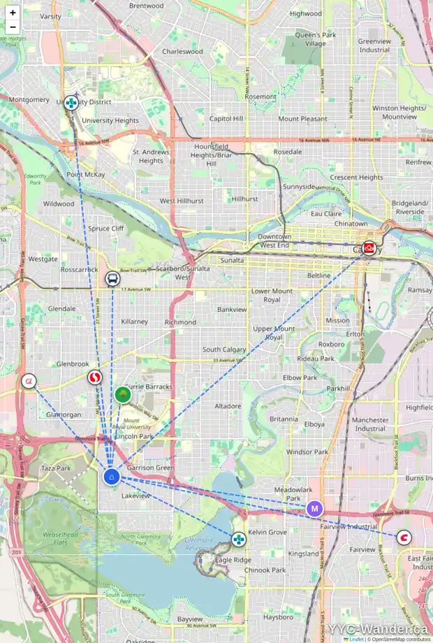 Daily accessibility map for 5828 LODGE CR SW, Calgary showing nearby schools, grocery stores, parks, LRT stations and nearby amenities