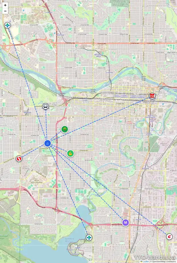 Daily accessibility map for 3035 26 ST SW, Calgary showing nearby schools, grocery stores, parks, LRT stations and nearby amenities