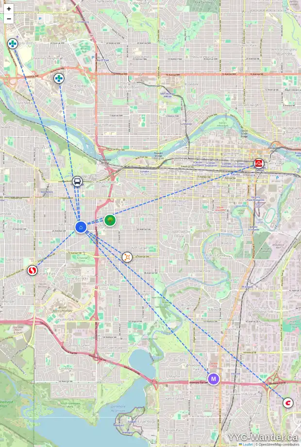 Daily accessibility map for 2611 26 ST SW, Calgary showing nearby schools, grocery stores, parks, LRT stations and nearby amenities
