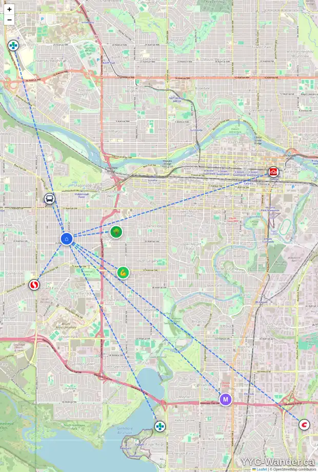 Daily accessibility map for 2608 30 ST SW, Calgary showing nearby schools, grocery stores, parks, LRT stations and nearby amenities