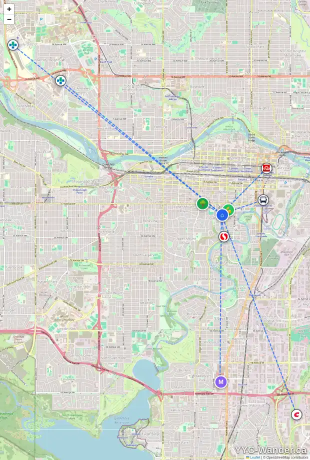Daily accessibility map for 536 20 AV SW, Calgary showing nearby schools, grocery stores, parks, LRT stations and nearby amenities