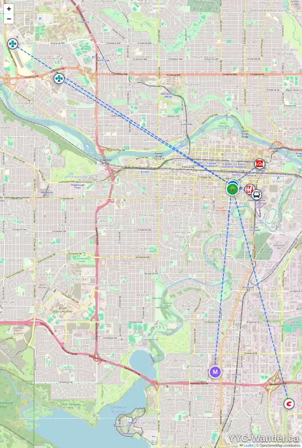 Daily accessibility map for 228 13 AV SW, Calgary showing nearby schools, grocery stores, parks, LRT stations and nearby amenities