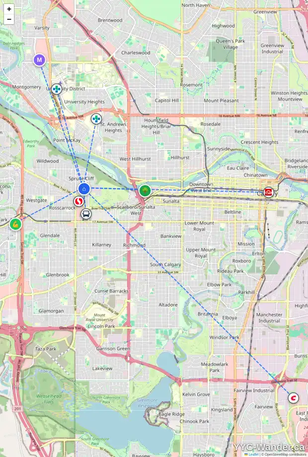 Daily accessibility map for 30 TAMARAC CR SW, Calgary showing nearby schools, grocery stores, parks, LRT stations and nearby amenities