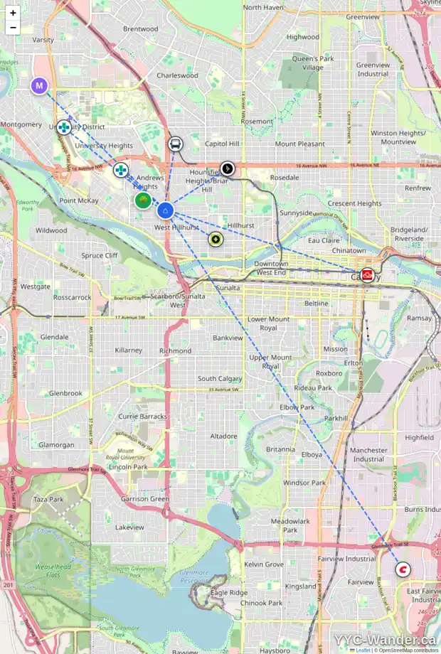 Daily accessibility map for 722 24A ST NW, Calgary showing nearby schools, grocery stores, parks, LRT stations and nearby amenities