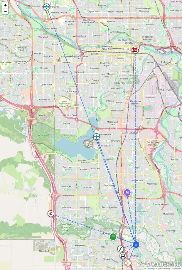 Daily accessibility map for 271 MIDRIDGE CR SE, Calgary showing nearby schools, grocery stores, parks, LRT stations and nearby amenities