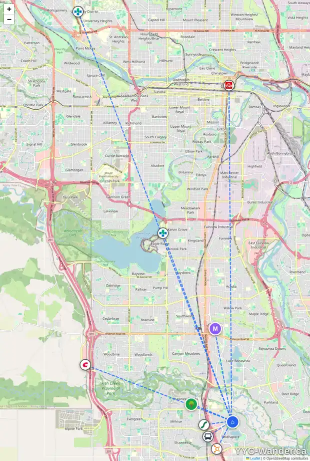 Daily accessibility map for 312 MIDRIDGE RD SE, Calgary showing nearby schools, grocery stores, parks, LRT stations and nearby amenities