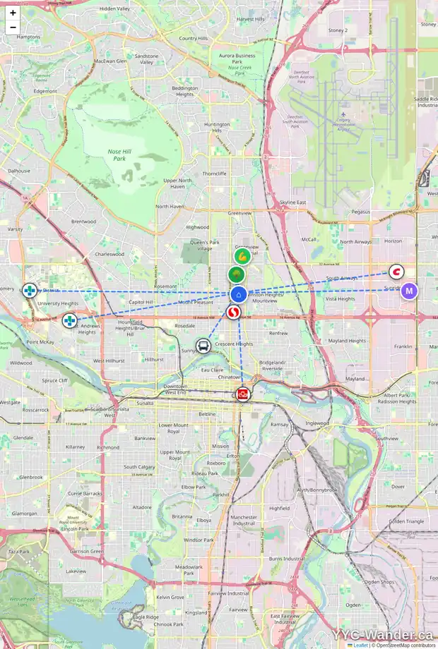 Daily accessibility map for 206 23 AV NE, Calgary showing nearby schools, grocery stores, parks, LRT stations and nearby amenities