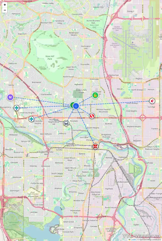 Daily accessibility map for 2623 7 ST NW, Calgary showing nearby schools, grocery stores, parks, LRT stations and nearby amenities
