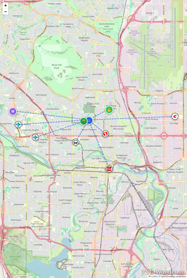 Daily accessibility map for 714 27 AV NW, Calgary showing nearby schools, grocery stores, parks, LRT stations and nearby amenities