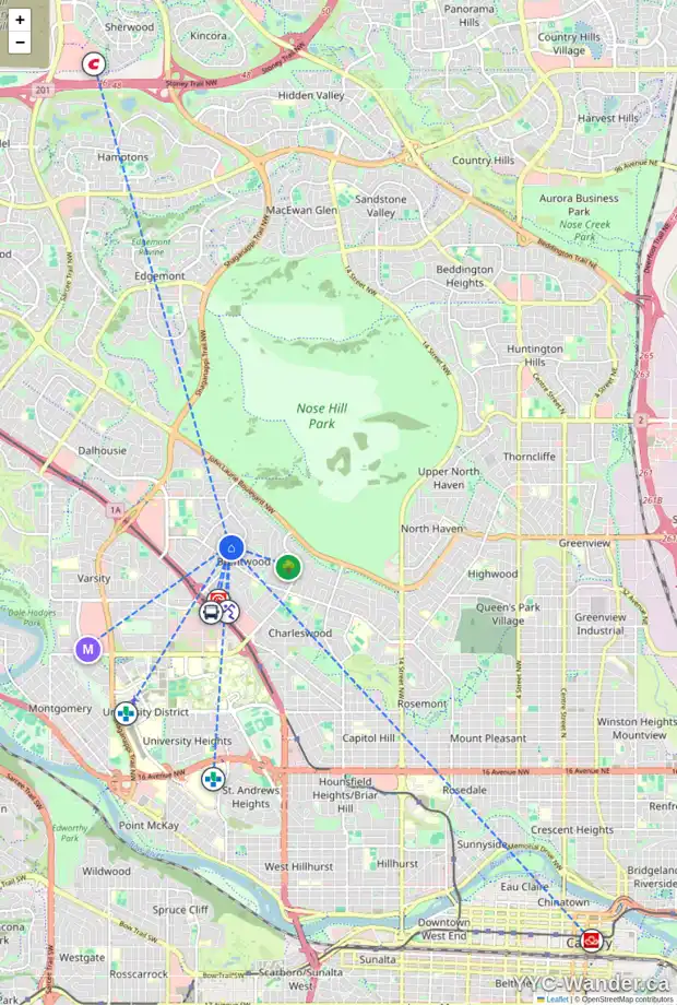 Daily accessibility map for 4715 BROCKINGTON RD NW, Calgary showing nearby schools, grocery stores, parks, LRT stations and nearby amenities