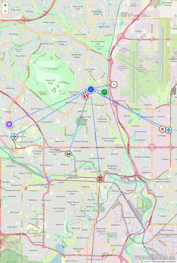 Daily accessibility map for 6023 THORNBANK DR NW, Calgary showing nearby schools, grocery stores, parks, LRT stations and nearby amenities