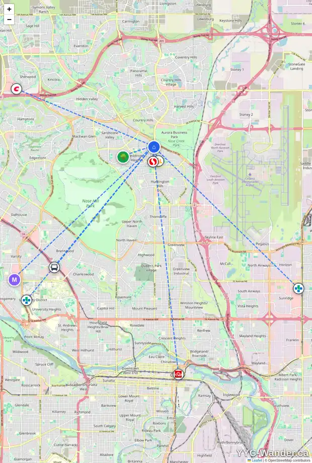 Daily accessibility map for 76 BERNARD CL NW, Calgary showing nearby schools, grocery stores, parks, LRT stations and nearby amenities