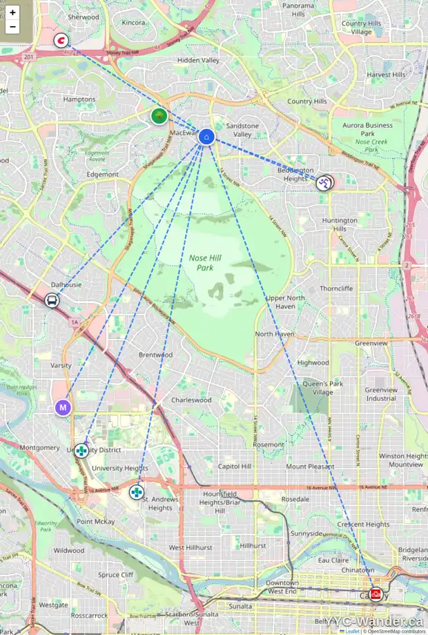 Daily accessibility map for 28 MACEWAN PARK LI NW, Calgary showing nearby schools, grocery stores, parks, LRT stations and nearby amenities