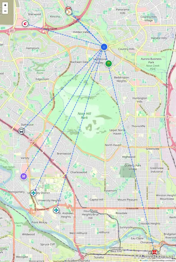 Daily accessibility map for 128 HIDDEN VALLEY PL NW, Calgary showing nearby schools, grocery stores, parks, LRT stations and nearby amenities