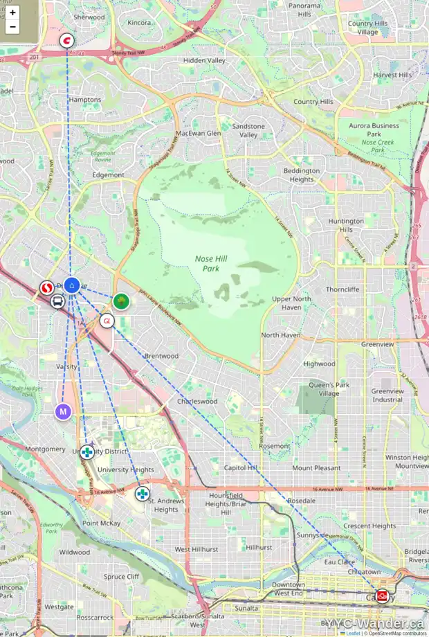 Daily accessibility map for 6004 DALFORD RD NW, Calgary showing nearby schools, grocery stores, parks, LRT stations and nearby amenities