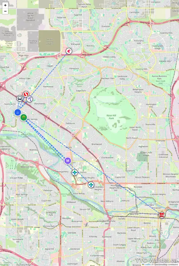 Daily accessibility map for 3 SCENIC WY NW, Calgary showing nearby schools, grocery stores, parks, LRT stations and nearby amenities