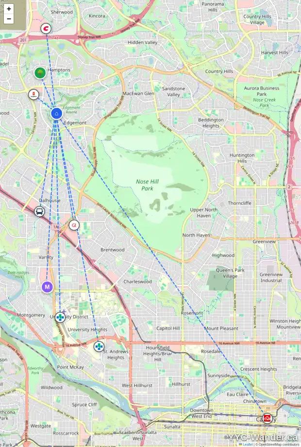 Daily accessibility map for 357 EDGEVIEW PL NW, Calgary showing nearby schools, grocery stores, parks, LRT stations and nearby amenities