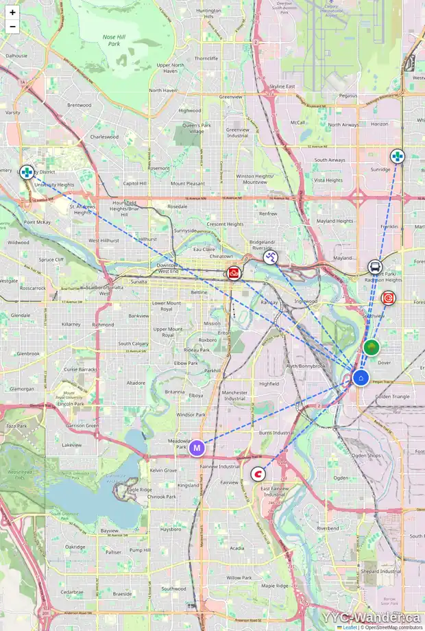 Daily accessibility map for 100 DOVERGLEN CR SE, Calgary showing nearby schools, grocery stores, parks, LRT stations and nearby amenities